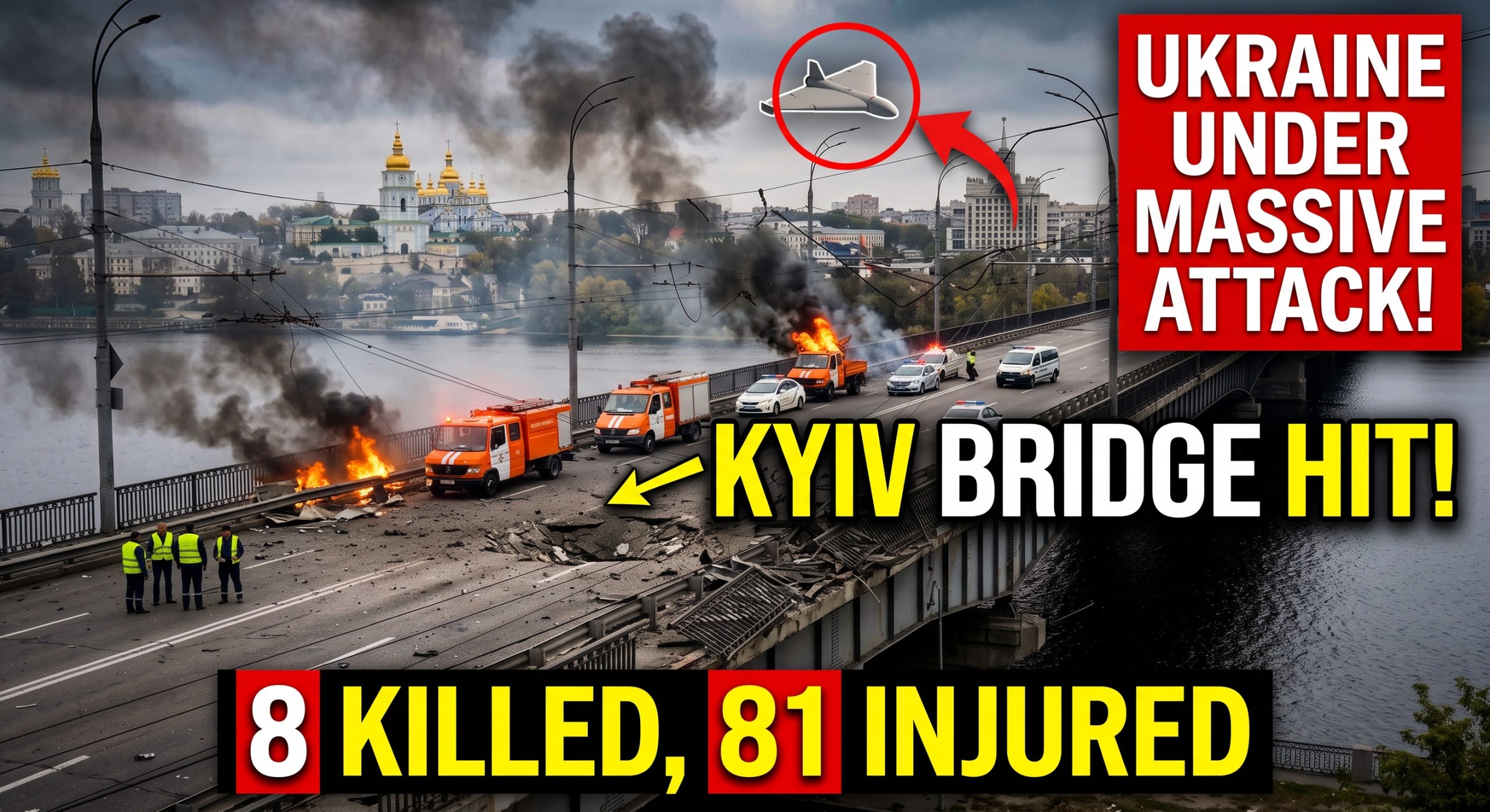 Russian Strikes Kill 8 and Injure 81 Across Ukraine, Hit Key Kyiv Bridge